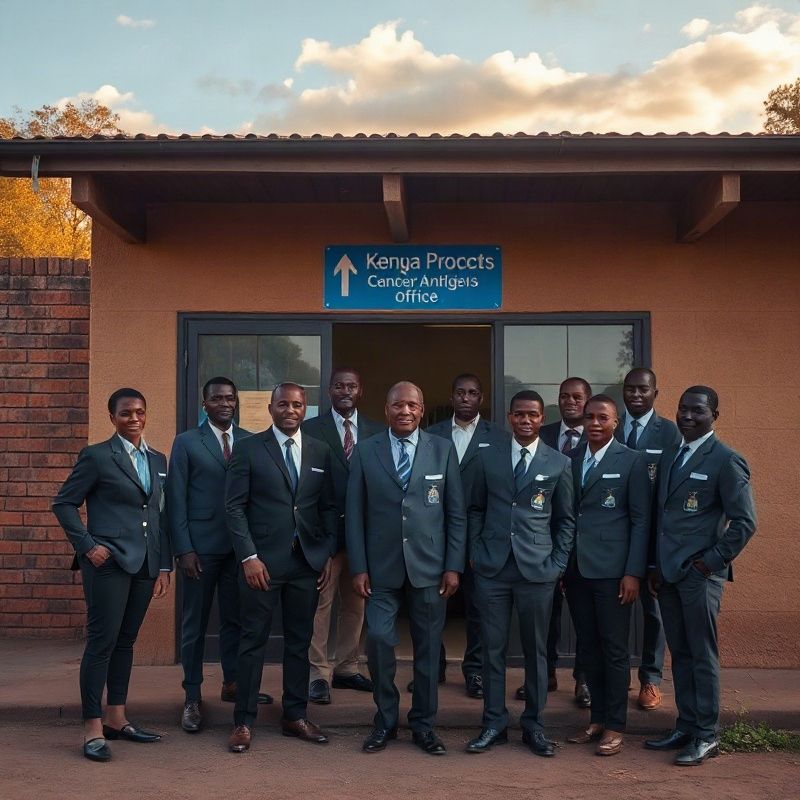 Pulselmint team outside their indigo-signposted office on a Kitale street