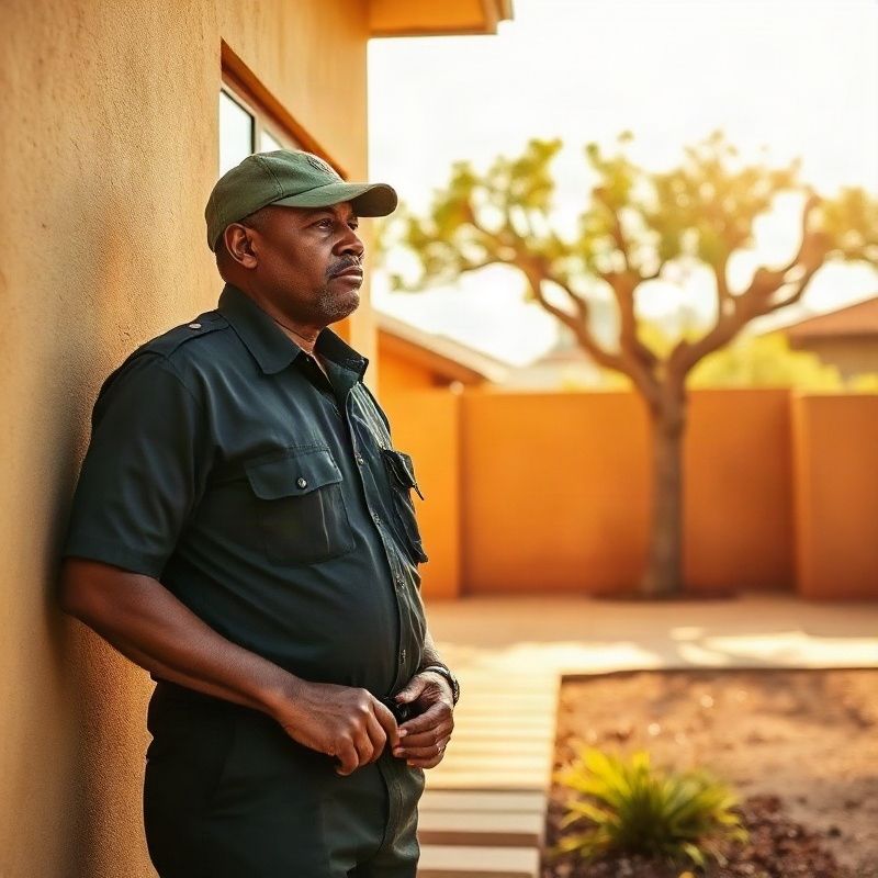 Uniformed maintenance worker assessing a property exterior in Kitale