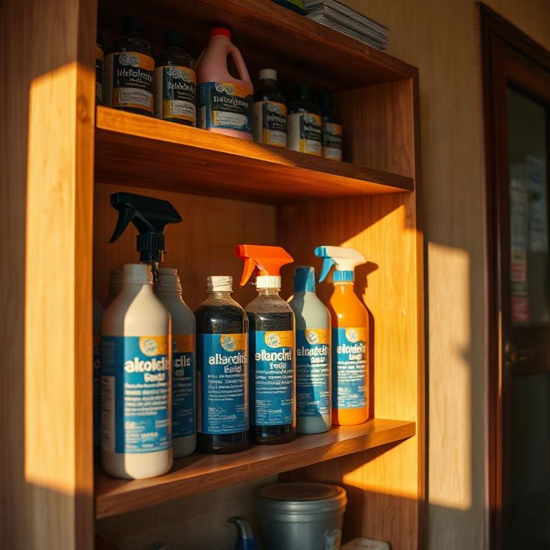 Maintenance and cleaning products arranged on a wooden shelf in a Kitale office